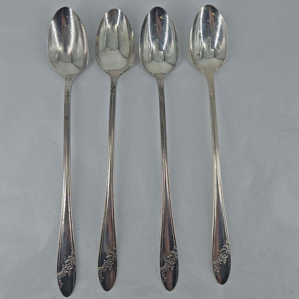 4 Vintage Ice Tea Spoons Queen Bess II 1946 Oneida Community Tudor Plate 7.5"